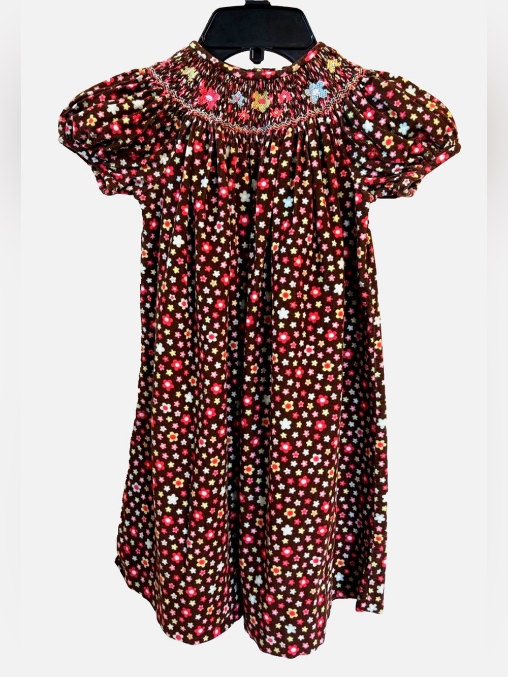 Amanda Remembered Smocked Corduroy Floral Bishop Dress Girls 4T Brown Daisy